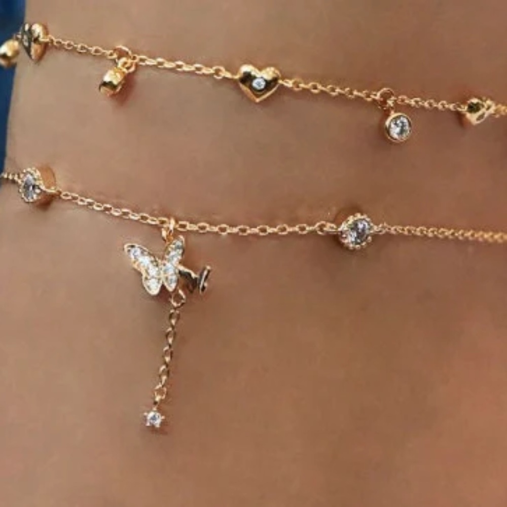 Dainty 2 layered crystal heart butterfly charm anklet set, foot jewelry
